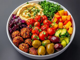 Colorful Mediterranean Bowl with Falafel, Hummus, Olives, Fresh Vegetables, and Herbs, Perfectly Arranged for a Healthy and Wholesome Meal Experience
