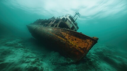 Fototapeta premium An eerie photograph of a rusty shipwreck sitting solemnly under the ocean, evoking a sense of mystery and history as it rests on the seabed in silent solitude.