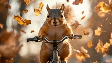 A dynamic image of a squirrel energetically riding a tiny bicycle as autumn leaves fall around, blending whimsy and vitality in an imaginative scene.