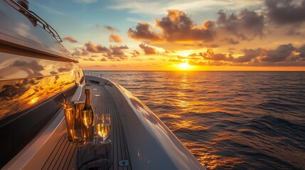 Obraz premium A champagne bottle and two glasses sit on the deck of a yacht at sunset, overlooking a beautiful sunset over the ocean.