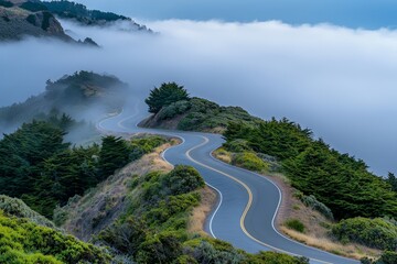 Mysterious Winding Road Disappearing into Thick Fog in a Serene Landscape with Lush Greenery and Enigmatic Atmosphere Captured at Dusk