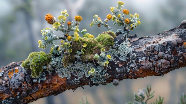 Delicate Pixie Cup Lichens Emerging Amid Pastel Jewels on a Nature-Inspired Background with a Gentle Focus on Unique Natural Textures