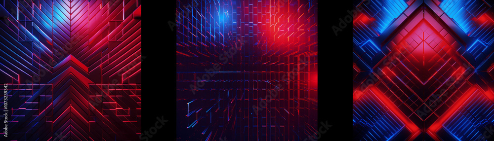 Poster abstract digital art with geometric shapes and glowing red and blue light.