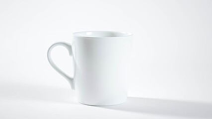 Fototapeta premium A simple white mug with a handle sits on a plain white background, ready to be filled with a warm beverage.