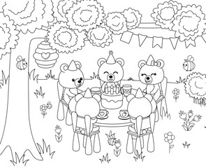 Coloring page. Bear birthday and festive table. Black and white. Color me. Isolated vector illustration eps 10