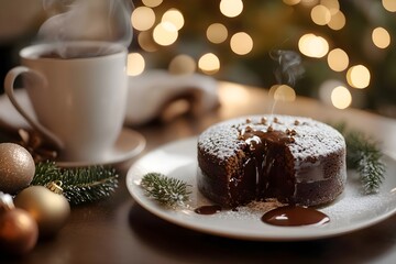 Close-up of a Moelleux au Chocolat, chocolate cake, with molten chocolate oozing onto a white plate on a Christmas-decorated coffee table. In the background, a cozy, festive apartment