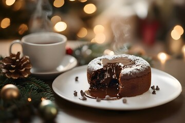 Close-up of a Moelleux au Chocolat, chocolate cake, with molten chocolate oozing onto a white plate on a Christmas-decorated coffee table. In the background, a cozy, festive apartment