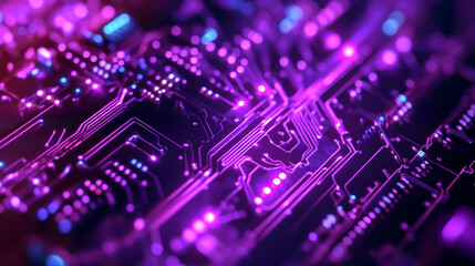 Obraz premium Purple neon-lit circuit board with intricate glowing pathways and floating particles.