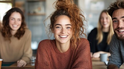 A joyful group of friends enjoying themselves in a warm café setting, illustrating happiness, friendship, and cozy moments in a social and relaxed atmosphere.