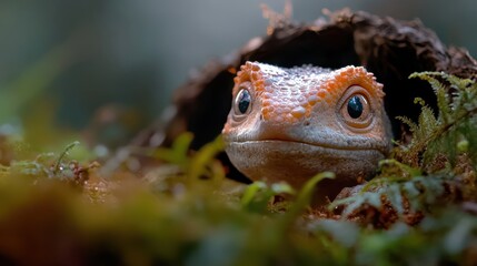 Obraz premium A close-up of a vibrant gecko with vivid colors and wide eyes peeking from under lush foliage, showcasing beauty and nature's intricate details up close.