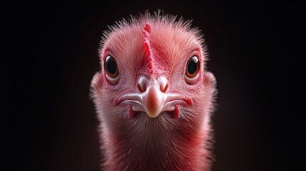 Obraz premium An expressive portrait captures the soft pink tones of a chicken, highlighting its alert look and feather texture, symbolizing freshness and candid nature.