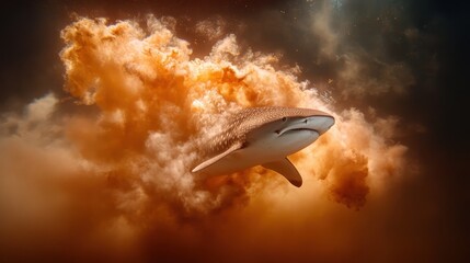 Naklejka premium A powerful shark moves smoothly through a dramatically cloudy underwater scene, highlighting the mystery and splendor of the natural marine environment.