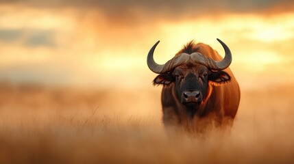 A lone buffalo stands majestically amidst the dawning light, highlighting its rugged beauty and the serene, timeless quality of nature's grand design in the wild.