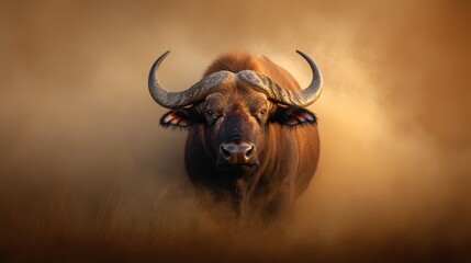Naklejka premium A powerful buffalo emerges from a cloud of dust, surrounded by golden light, embodying the spirit of resilience and strength in the natural world.