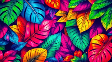 Fototapeta premium A Vibrant Tapestry of Vividly Colored Leaves, Each One a Unique Shade of Green, Blue, Yellow, Red, and Pink, Creates a Stunning Visual Feast for the Eyes.