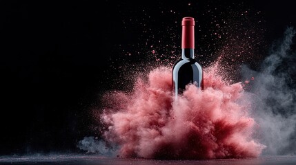 A wine bottle stands boldly surrounded by a dynamic and vibrant explosion of red dust, capturing movement and intensity against a deep black background.