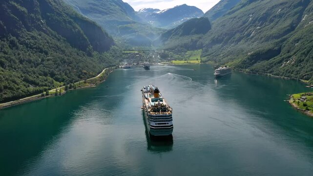 Cruise Liners On Geiranger fjord, Norway