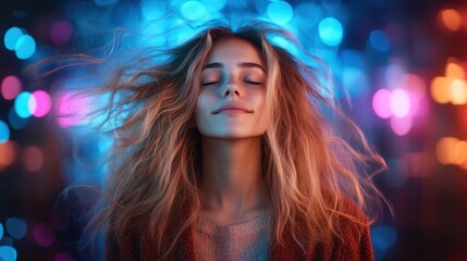 Naklejka premium A serene blonde woman with closed eyes enjoys a mesmerizing mix of blue and orange neon bokeh lights, creating a dreamy ambiance of relaxed bliss.