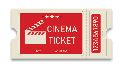 Flat vector illustration of cinema ticket. Retro style movie ticket. Printable ticket.