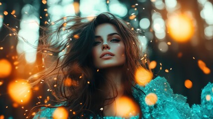 A captivating portrait of a woman with flowing hair, set amidst a fiery ambiance with glowing lights, conveying a sense of magic and allure in the forest.