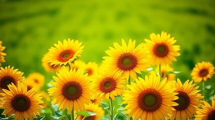 Fototapeta premium A vibrant field of sunflowers bathed in golden sunlight, their petals unfurling in a symphony of yellow, a testament to the beauty and resilience of nature.