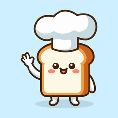 cute chef bread waving hand cartoon character flat color vector illustration template design
