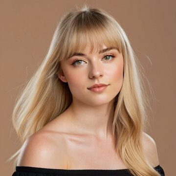Portrait of a young woman with long blonde hair and bangs, wearing an off-shoulder top. Her natural beauty and soft expression make this ideal for beauty, fashion, and lifestyle concepts.