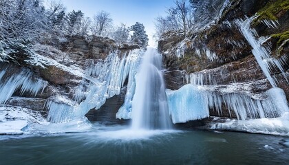 majestic waterfall frozen in mid-flow, its cascading water turned to ice