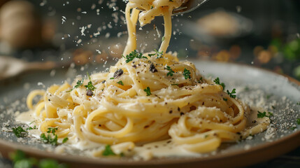 A forkful of black truffle pasta levitating with tagliatelle, Alfredo sauce, and truffle shavings.