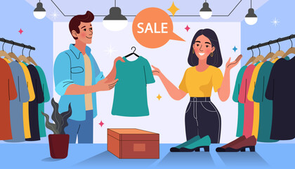 Excellent in-store customer service. A friendly salesman helps a happy woman choose a t-shirt during a fashion sale in a clothing boutique. Vector for retail and personal shopping.
