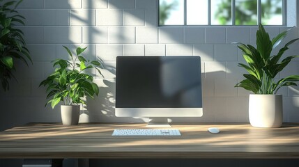 Fototapeta premium Modern office desk with computer, keyboard, mouse and plants in pots.