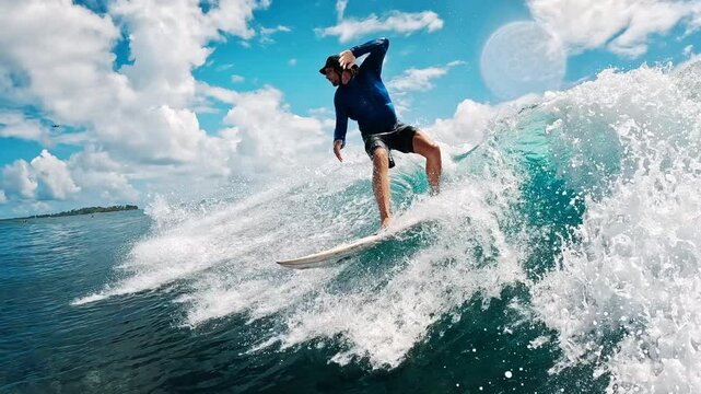 Male pro surfer rides the wave and makes smooth turns. Camera follows the rider