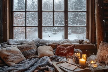Cozy Cabin Window with Snow-Covered View and Burning Candles