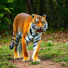 Naklejka premium Bengal tiger isolated on white and transparent background. Tiger walking isolated on white and transparent background The royal Bengal tiger attack looking camera on white background.