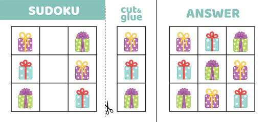 Easy sudoku with three presents. Game puzzle for little kids. Cut and glue. Cartoon, isolated, vector, eps 10
