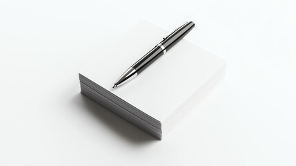 Stack of Business Cards with Stylish Pen on White Background