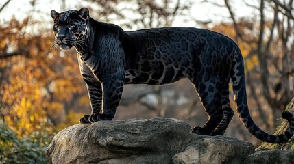 A black panther stands on a rock, looking alertly to the side.