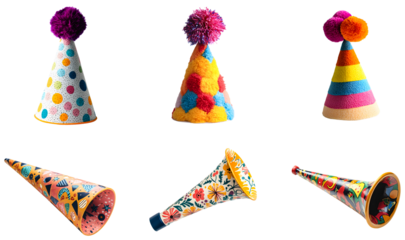 Colorful birthday party hats with playful designs and patterns isolated on transparent background
