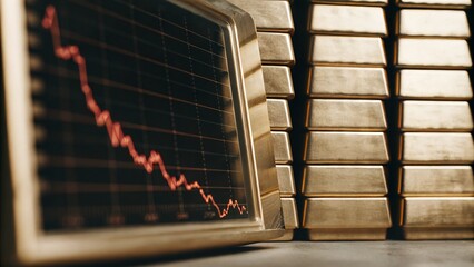 A visual representation of economic decline, featuring a graph with falling values in front of gold bars symbolizing wealth.
