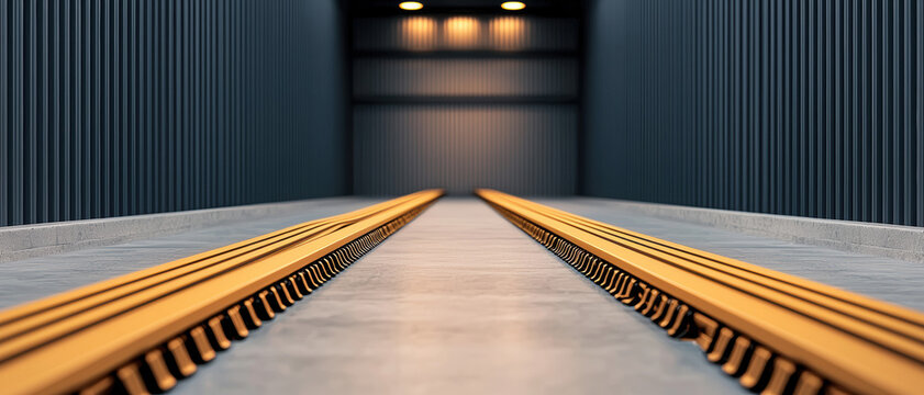 A low-angle view of two parallel tracks leading into a dark, industrial space, highlighting a modern, minimalist design.