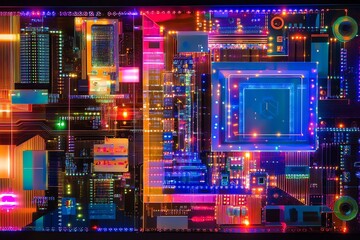 Vibrant circuit board with glowing geometric forms.