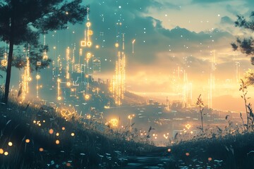 Ethereal tech landscape with radiant circuit highlights.