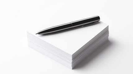 Stack of Business Cards with Stylish Pen on White Background