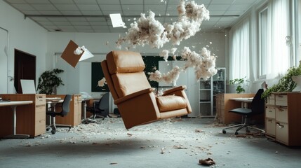 A leather office chair dramatically bursts into pieces in an office room, symbolizing chaos and unexpected moments, surrounded by flying debris and natural lighting.