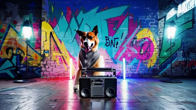 Stylish dog with a boombox in a graffiti-covered alley, exuding a cool urban vibe. The dog wears sunglasses and appears confident and trendy. The animal is dancing. Pet DJ at the disco