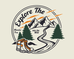 Vintage outdoor adventure label, emblem, badge, t-shirt print design, vector illustration.
