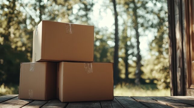 Three cardboard boxes stacked on a wooden porch with a blurred forest background, showcasing the concept of delivery or moving services in a serene setting.