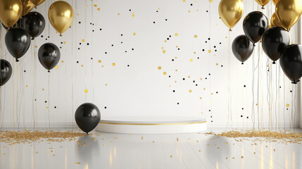 a stage for a birthday party in white, gold an black featuring balloons and confetti