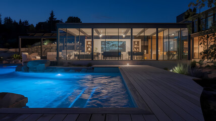 Fototapeta premium Modern home exterior at night with a glass wall and pool, showcasing stylish architecture and serene outdoor ambiance.