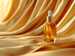 Naklejka premium Golden Oil Dropper on Silk Fabric Background